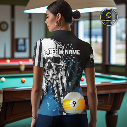 Personalized 8 & 9 Ball Pool Skull Billiard Shirt For Women Custom Grunge Billiard Team Jersey |Blue TDM4649