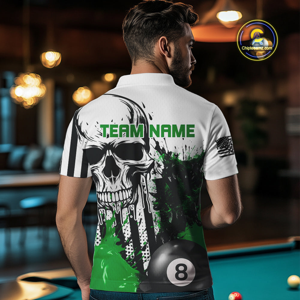 Personalized Green Grunge Skull Billiards Shirts For Men Custom Retro Billiard Team Jerseys Attire TDM4650