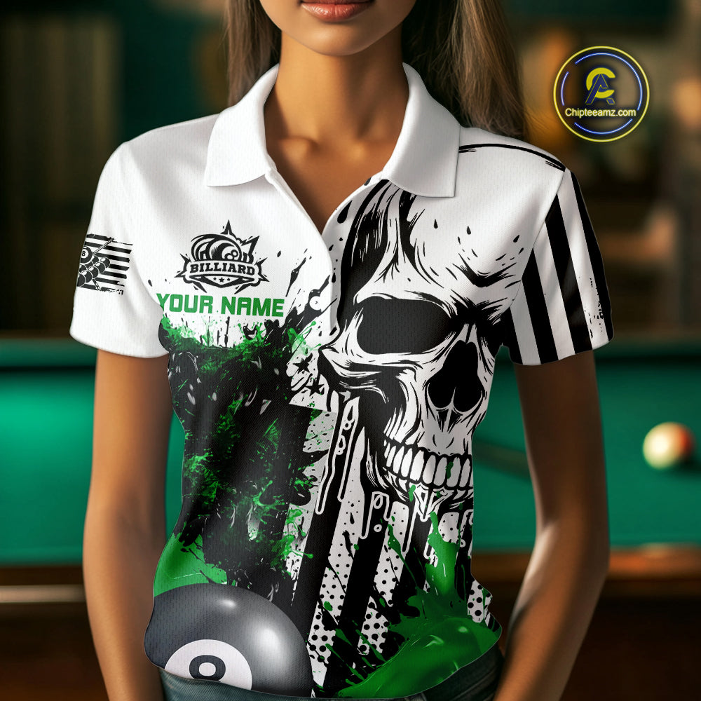 Personalized Green Grunge Skull Billiards Shirts For Women Custom Retro Billiard Team Jerseys Attire TDM4650