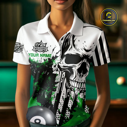 Personalized Green Grunge Skull Billiards Shirts For Women Custom Retro Billiard Team Jerseys Attire TDM4650