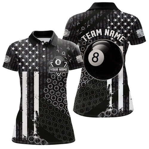 Personalized Black White American Flag Billiard Shirts For Women, Patriotic 8 Ball Billiard Jerseys TDM3476