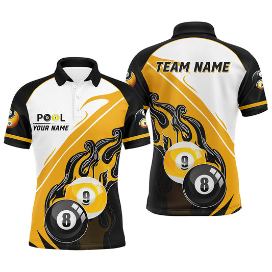 Personalized Black Yellow Billiard 8 Ball & 9 Ball Pool Men Polo Shirts, Billiard Attire Jerseys TDM1127
