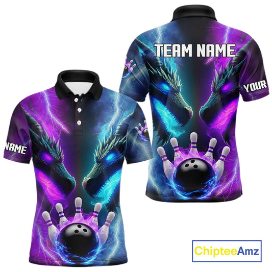Custom Blue Purple Fire Dragon Bowling Jersey For Men Custom Lightning Bowling Shirt Polo, 1/4 Zip TDM6150