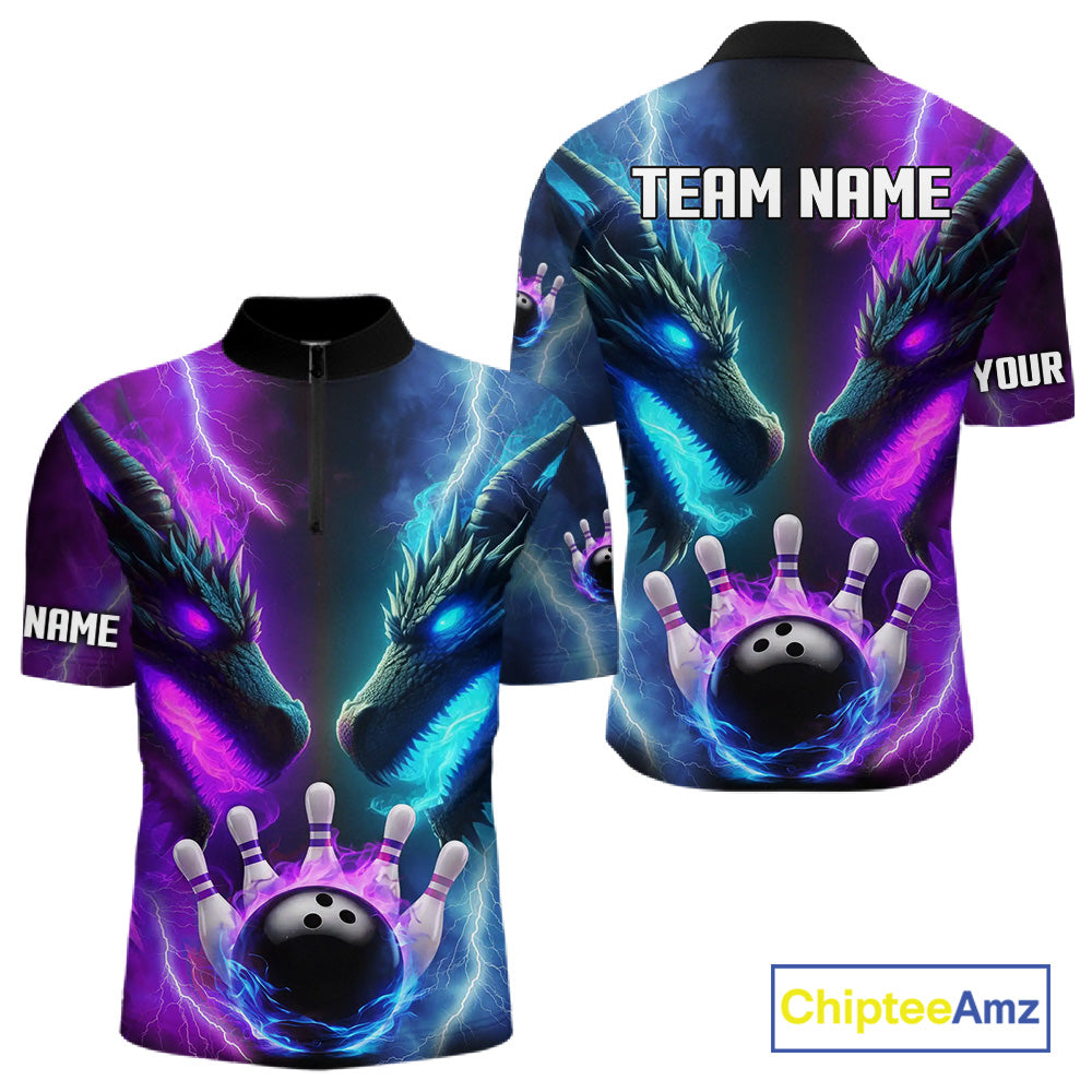 Custom Blue Purple Fire Dragon Bowling Jersey For Men Custom Lightning Bowling Shirt Polo, 1/4 Zip TDM6150