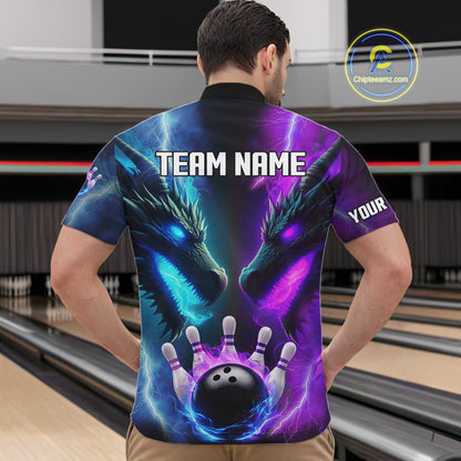 Custom Blue Purple Fire Dragon Bowling Jersey For Men Custom Lightning Bowling Shirt Polo, 1/4 Zip TDM6150