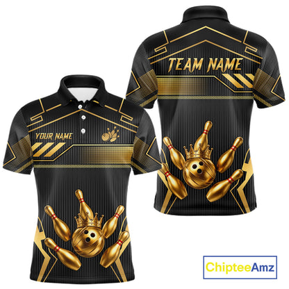 Black And Gold Custom Crown Bowling Ball Polo & Quarter Zip For Men, Bowling League Team Jersey TDM6569