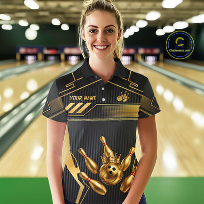 Black And Gold Custom Crown Bowling Ball Polo & Quarter Zip For Women, Bowling League Team Jersey TDM6569
