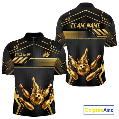 Black And Gold Custom Crown Bowling Ball Polo & Quarter Zip For Men, Bowling League Team Jersey TDM6569