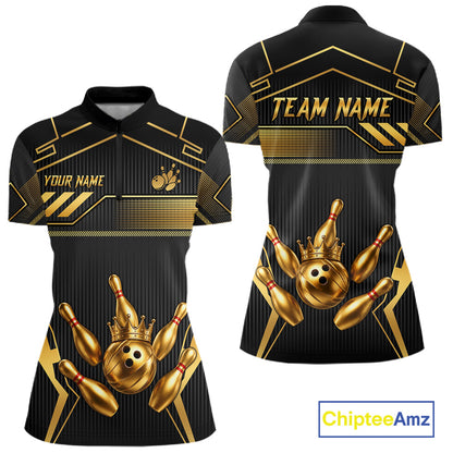 Black And Gold Custom Crown Bowling Ball Polo & Quarter Zip For Women, Bowling League Team Jersey TDM6569