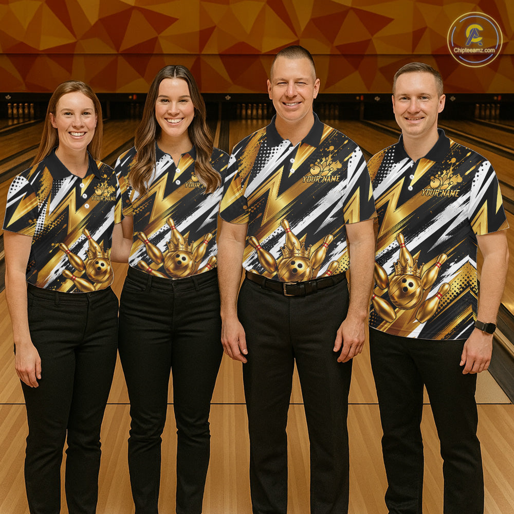 Custom Black And Gold Bowling Jersey For Men, Crown Bowling Team Shirts Polo & Quarter Zip Shirts TDM6570