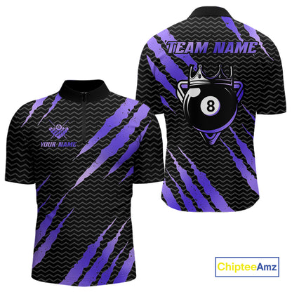 Black And Purple Scratch Billiard Shirt For Men Custom 8 Ball Crown Pool Team Jersey Polo, 1/4 Zip TDM4240