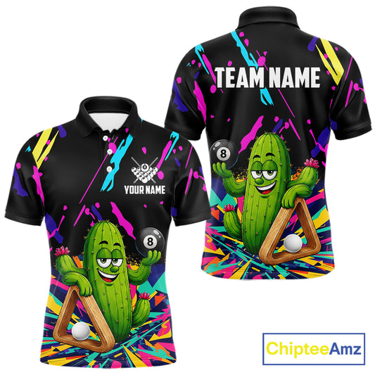 Colorful cactus 8 ball billiard polo shirt for men with custom pool team graphics.