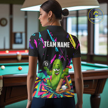 Load image into Gallery viewer, Back view of woman wearing a colorful cactus 8 ball pool shirt in a billiards hall.