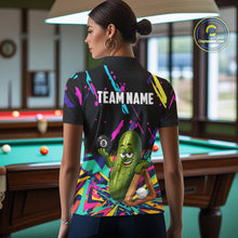 Load image into Gallery viewer, Back view of woman wearing a colorful pickle 8 ball pool shirt in a billiards hall.