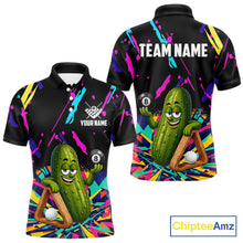 Load image into Gallery viewer, Colorful pickle 8 ball billiard polo shirt for men with custom pool team graphics.