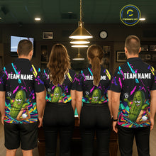 Load image into Gallery viewer, Pool team wearing matching colorful pickle 8 ball billiard jerseys during tournament competition front view.
