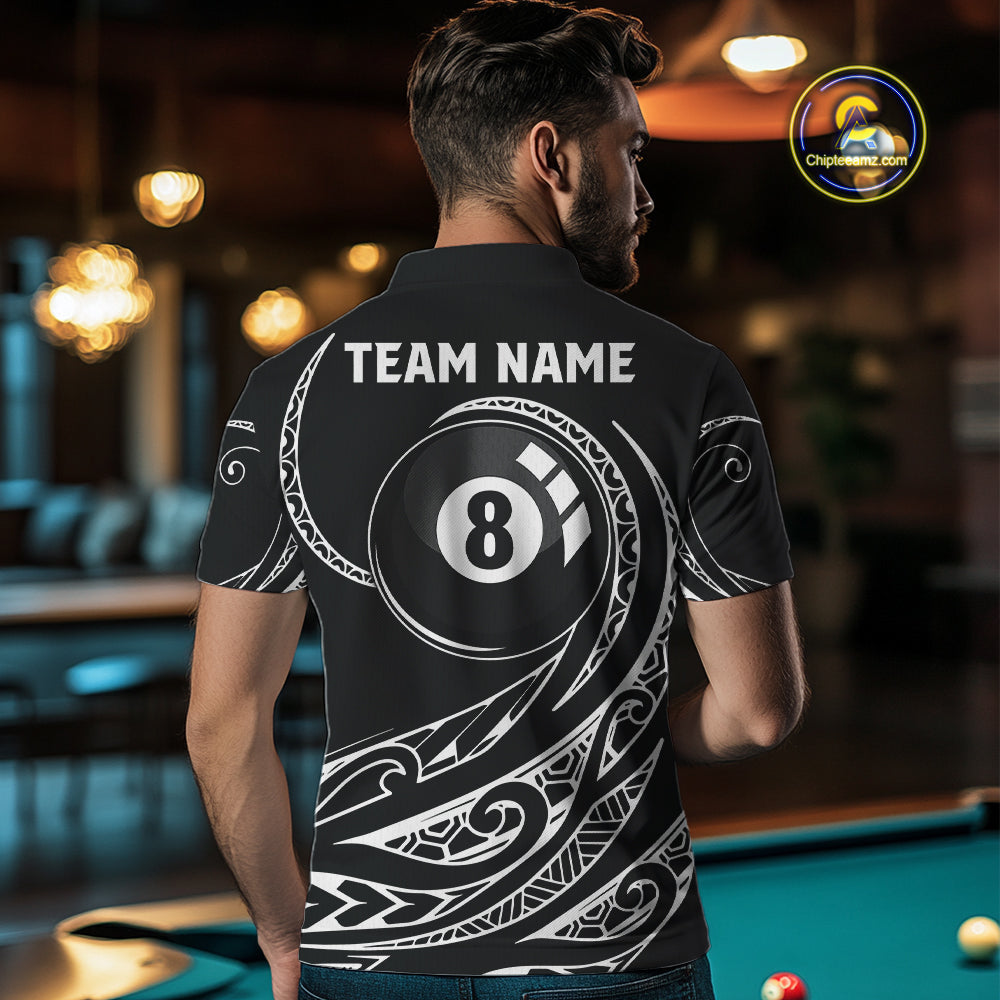 Black White 8 Ball Pool Tribal Billiard Shirt For Men Custom Billiard Team Jersey Polo & 1/4 Zip TDM4411