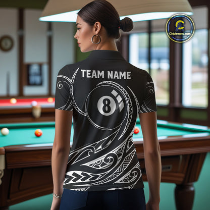 Black White 8 Ball Pool Tribal Billiard Shirt For Women Custom Billiard Team Jersey Polo & 1/4 Zip TDM4411