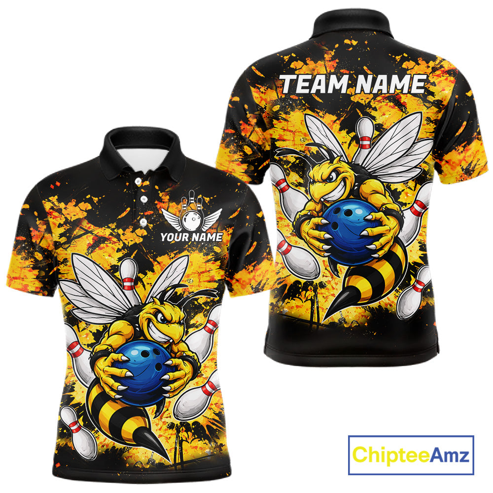 Funny Bee Custom Grunge Yellow Black Bowling Shirt For Men, Bowling Team Jersey Polo & 1/4 Zip TDM6162