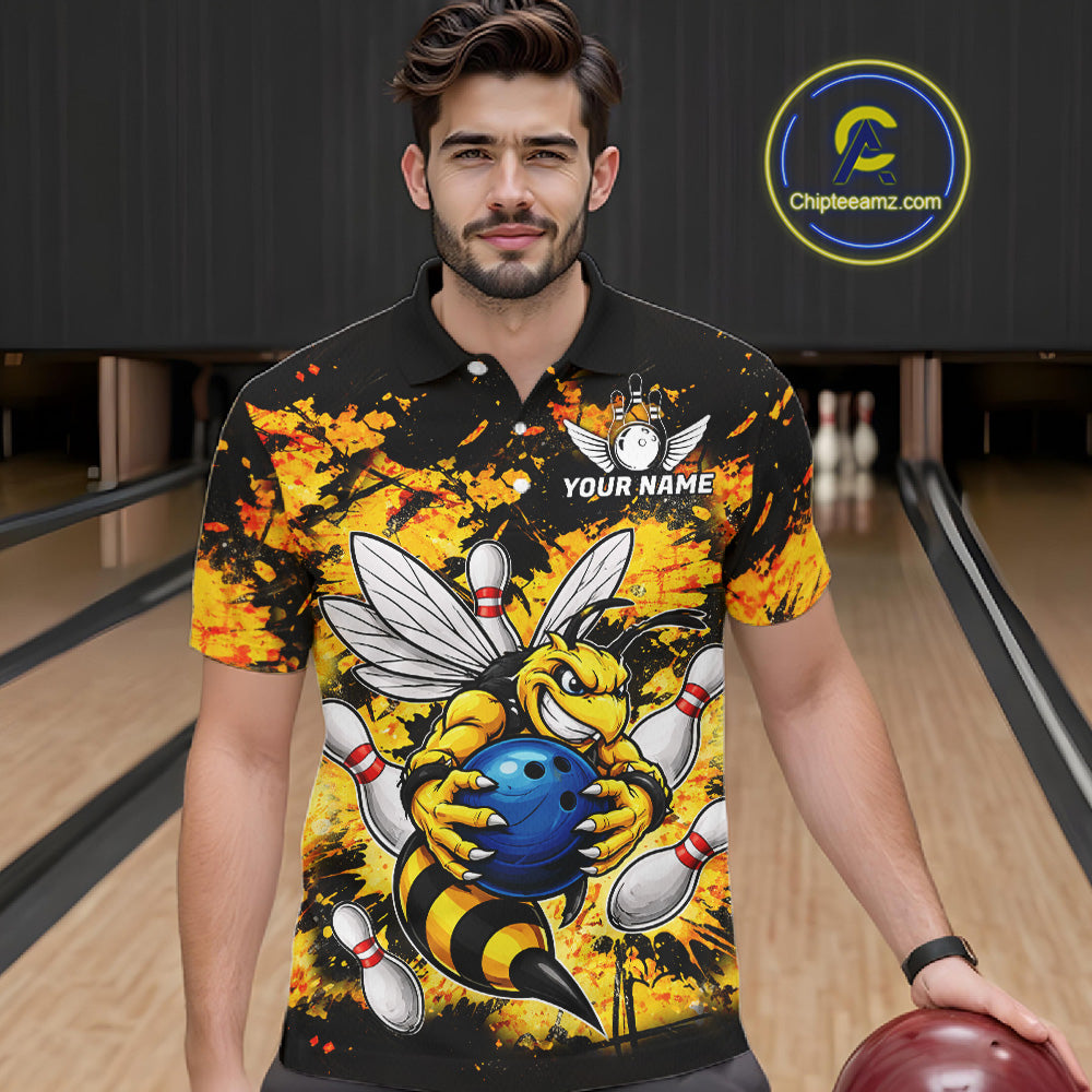 Funny Bee Custom Grunge Yellow Black Bowling Shirt For Men, Bowling Team Jersey Polo & 1/4 Zip TDM6162