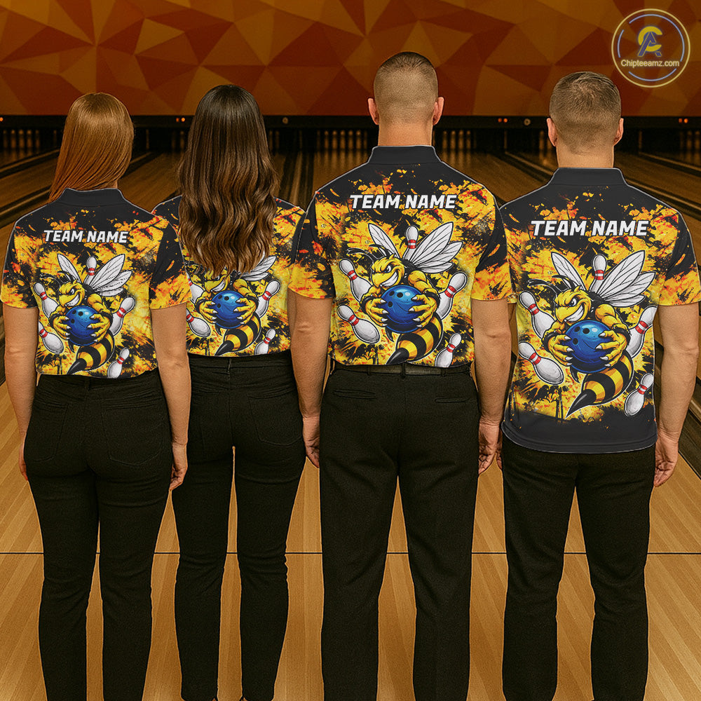 Funny Bee Custom Grunge Yellow Black Bowling Shirt For Men, Bowling Team Jersey Polo & 1/4 Zip TDM6162