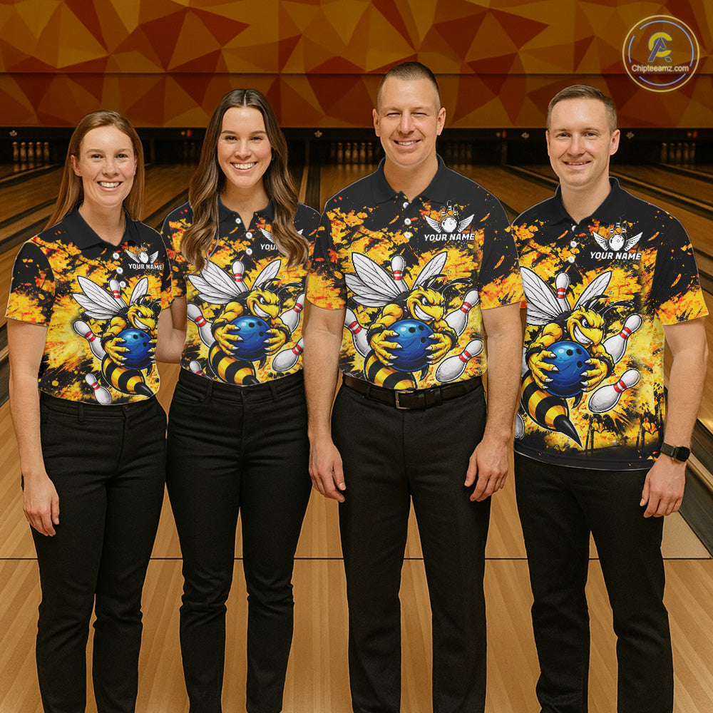 Funny Bee Custom Grunge Yellow Black Bowling Shirt For Men, Bowling Team Jersey Polo & 1/4 Zip TDM6162