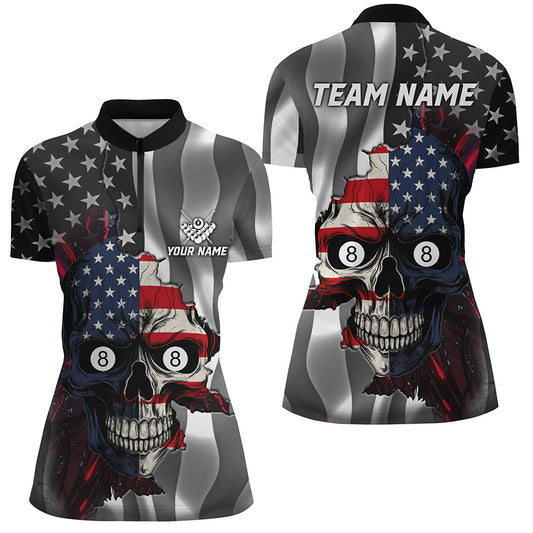 Personalized Billiard Skull American Flag Women Quarter-Zip Shirt, Patriotic Billiard Jersey TDM1507