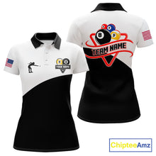 Load image into Gallery viewer, Personalized 8 ball and 9 ball billiard tournament polo shirt for women, custom pool team jersey for competitions.