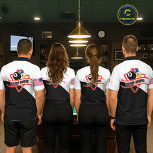 Load image into Gallery viewer, Back view of pool players wearing matching 8 ball and 9 ball billiard team shirts and custom pool jerseys.
