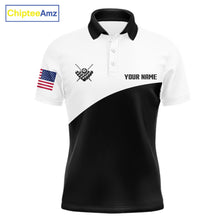 Load image into Gallery viewer, Black and white 8 ball custom billiard polo shirt for men, personalized pool team jersey for tournaments.
