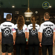 Load image into Gallery viewer, Back view of pool players wearing matching black and white 8 ball billiard team shirts and custom pool jerseys.