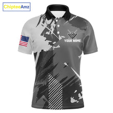 Load image into Gallery viewer, Grey grunge 8 ball custom billiard polo shirt for men, personalized pool team jersey for tournaments.