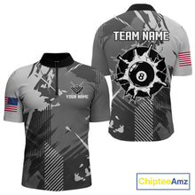 Load image into Gallery viewer, Grey grunge 8 ball quarter zip billiard shirt for men, custom pool team jersey and tournament apparel.