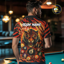 Load image into Gallery viewer, Back view of man wearing an orange flaming tiger 8 ball billiard team jersey, custom pool tournament shirt.