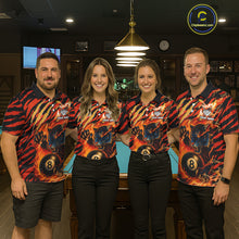 Load image into Gallery viewer, Pool team wearing matching orange flaming tiger 8 ball custom billiard jerseys during tournament competition front view.