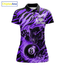 Load image into Gallery viewer, Purple flaming tiger 8 ball pool team polo shirt with custom billiard graphics, personalized billiard team jersey.