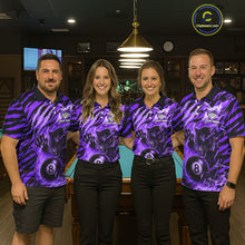Load image into Gallery viewer, Pool team wearing matching purple flaming tiger 8 ball custom billiard jerseys during tournament competition front view.