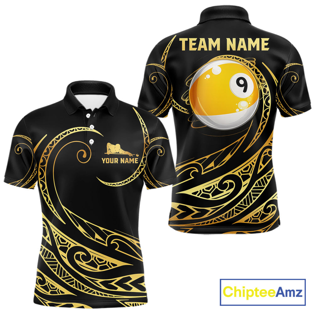 Personalized Black and Gold 9 Ball Pool Tribal Pattern Billiard Polo Shirt Featuring Premium Tribal Artwork for Pool League Players, Team Competition, and Tournament Play