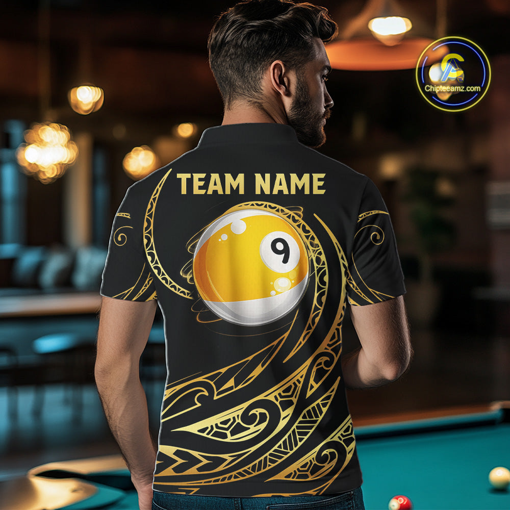 Man Wearing Personalized Black and Gold 9 Ball Tribal Pattern Custom Pool Team Jersey Featuring the Complete Rear Graphic Design, Back View