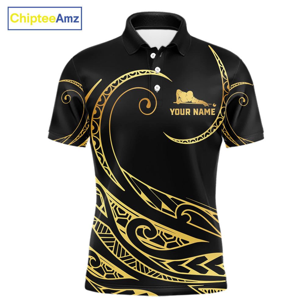 Custom Black and Gold 9 Ball Tribal Pattern Polo Shirt Designed for Personalized Billiard Team Jerseys with Elegant Graphics and Athletic Performance Style