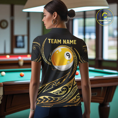 Woman Wearing Personalized Black and Gold 9 Ball Tribal Pattern Custom Pool Team Jersey Featuring the Complete Rear Graphic Design, Back View