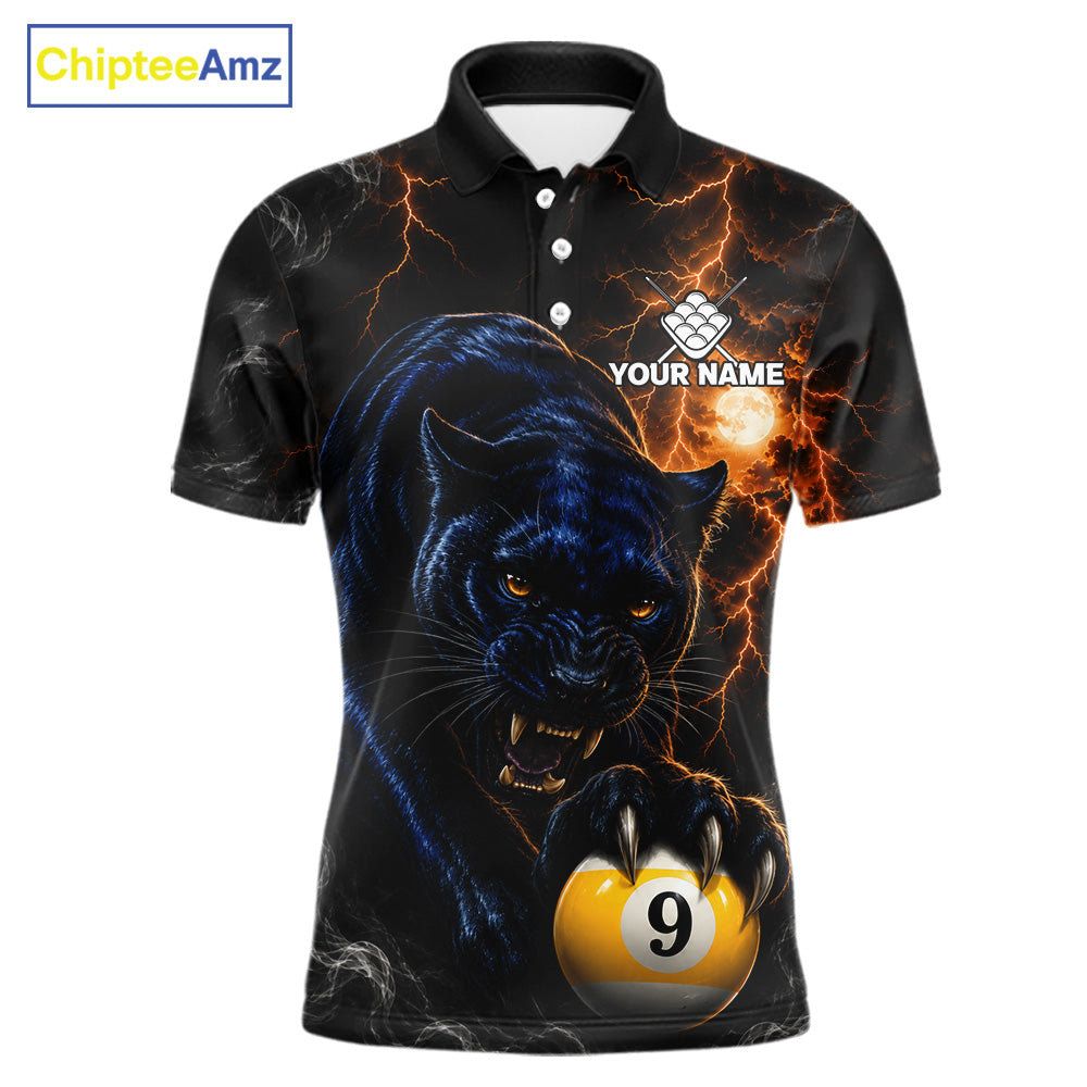 Personalized 9 Ball Pool Panther Lightning Billiard Polo Shirt Featuring a Fierce Panther and Electric Lightning Design for Pool League Players, Team Competition, and Tournament Events