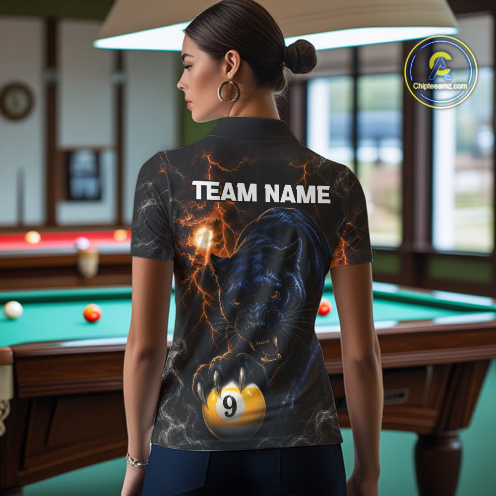 Woman Wearing Personalized 9 Ball Pool Panther Lightning Custom Billiard League Team Jersey Featuring the Complete Rear Panther and Lightning Artwork, Back View