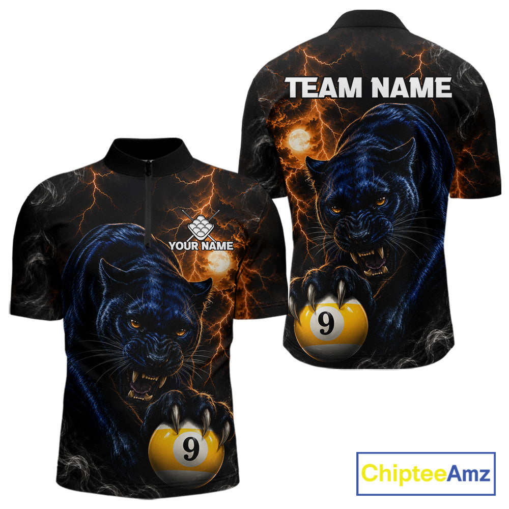 Personalized 9 Ball Pool Panther Lightning Quarter Zip Billiard Shirt Created for Pool League Teams with Premium Performance Fabric and Tournament Ready Team Design
