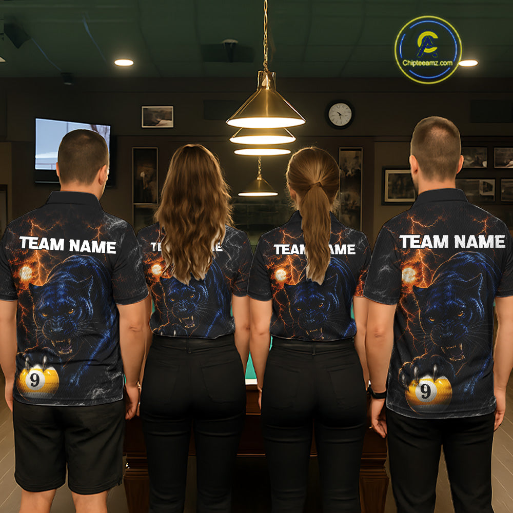 Pool Team Wearing Personalized 9 Ball Pool Panther Lightning Custom Billiard Team Jerseys Featuring the Complete Back Artwork, Back View
