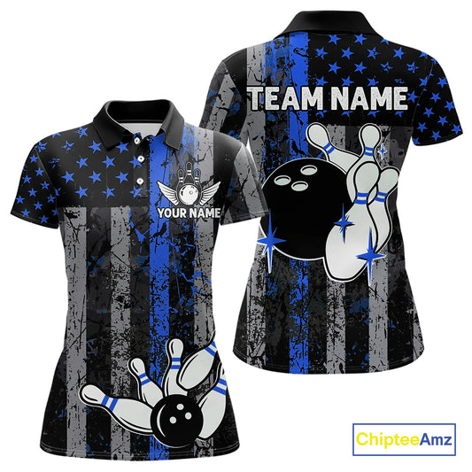 Blue Grunge American Flag Patriotic Bowling Shirt For Women Custom Bowling Team Jersey Polo, 1/4 Zip TDM4851