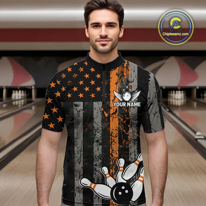 Orange Grunge American Flag Patriotic Bowling Shirts For Men Custom Bowling Team Jerseys TDM4852