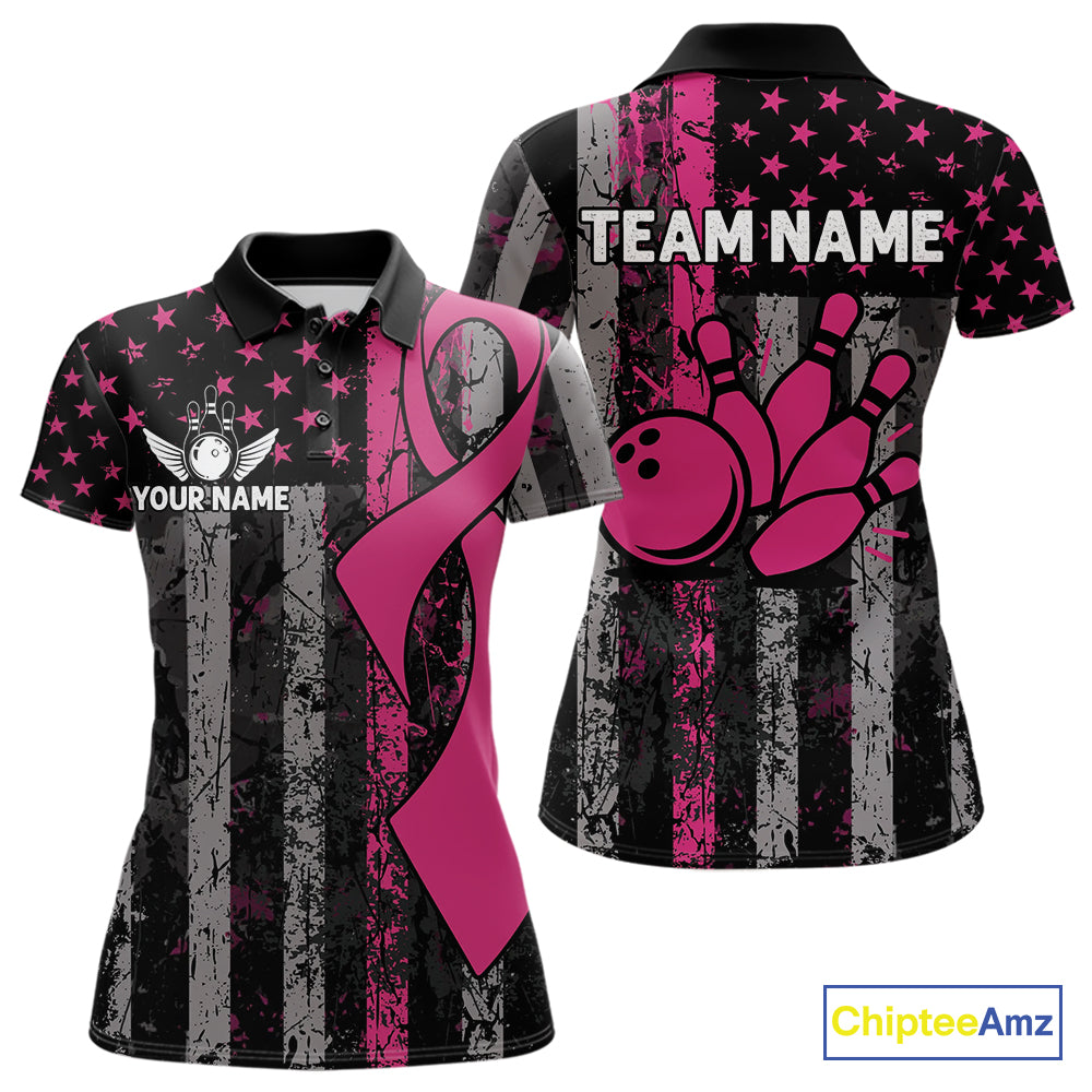 Custom Pink Ribbon Grunge US Flag Patriotic Bowling Shirt For Women, Breast Cancer Bowling Jerseys TDM4853