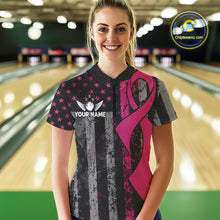 Load image into Gallery viewer, Custom Pink Ribbon Grunge US Flag Patriotic Bowling Shirt For Women, Breast Cancer Bowling Jerseys TDM4853