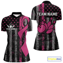 Load image into Gallery viewer, Custom Pink Ribbon Grunge US Flag Patriotic Bowling Shirt For Women, Breast Cancer Bowling Jerseys TDM4853